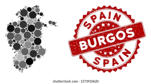 Mosaic Burgos Province map and round seal. Flat vector Burgos Province map mosaic of random round items. Red rubber seal with scratched style. Designed for political and patriotic applications.