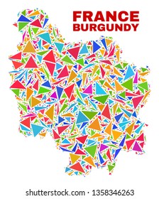 Mosaic Burgundy Province map of triangles in bright colors isolated on a white background. Triangular collage in shape of Burgundy Province map. Abstract design for patriotic decoration.