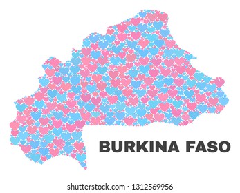 Mosaic Burkina Faso map of love hearts in pink and blue colors isolated on a white background. Lovely heart collage in shape of Burkina Faso map. Abstract design for Valentine decoration.