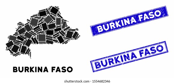 Mosaic Burkina Faso map and rectangle watermarks. Flat vector Burkina Faso map mosaic of random rotated rectangle items. Blue caption watermarks with dirty textures.