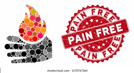 Mosaic Burn Hand And Grunge Stamp Seal With Pain Free Text. Mosaic Vector Is Designed With Burn Hand Icon And With Scattered Spheric Items. Pain Free Stamp Uses Red Color, And Distress Design.