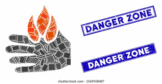 Mosaic burn hand icon and rectangular seal stamps. Flat vector burn hand mosaic icon of randomized rotated rectangular elements. Blue caption seal stamps with scratched surface.
