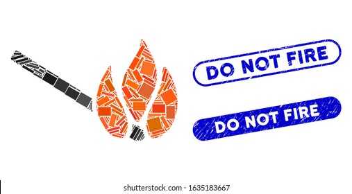 Mosaic burn match and distressed stamp seals with Do Not Fire text. Mosaic vector burn match is designed with randomized rectangle items. Do Not Fire seals use blue color,