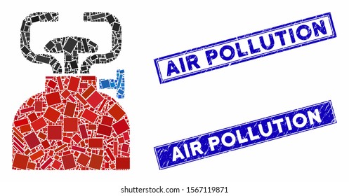Mosaic burner icon and rectangle seal stamps. Flat vector burner mosaic icon of randomized rotated rectangular items. Blue caption seal stamps with dirty textures.