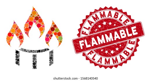 Mosaic burner nozzle fire and grunge stamp watermark with Flammable text. Mosaic vector is created with burner nozzle fire icon and with scattered spheric elements.