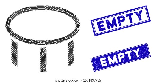Mosaic burner nozzle pictogram and rectangular Empty watermarks. Flat vector burner nozzle mosaic pictogram of randomized rotated rectangular elements. Blue Empty seal stamps with distress surface.
