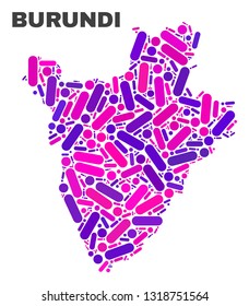 Mosaic Burundi map isolated on a white background. Vector geographic abstraction in pink and violet colors. Mosaic of Burundi map combined of random circle points and lines.