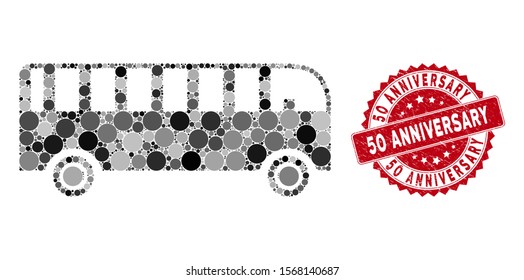 Mosaic bus and corroded stamp seal with 50 Anniversary caption. Mosaic vector is created with bus icon and with random round elements. 50 Anniversary seal uses red color, and scratched surface.