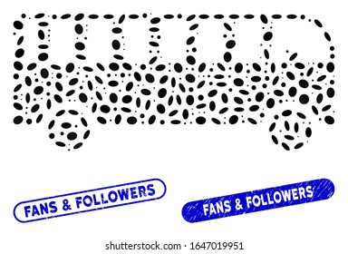 Mosaikbus und korrodierte Stempeldichtungen mit Fans & Followers Phrase. Der Mosaik-Vektorillustration-Bus ist mit randomisierten elliptischen Punkten konzipiert. Fans und Followers Stempelsiegel verwenden blaue Farbe,