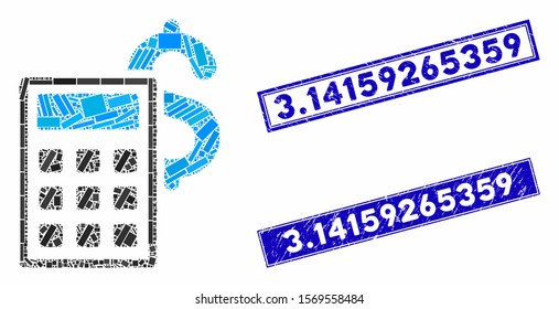 Mosaic business calculator pictogram and rectangular rubber prints. Flat vector business calculator mosaic icon of scattered rotated rectangular items. Blue caption rubber stamps with grunge textures.