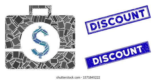 Mosaic business case pictogram and rectangular Discount watermarks. Flat vector business case mosaic pictogram of random rotated rectangular elements. Blue Discount seals with scratched texture.