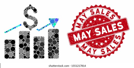 Mosaic business chart and corroded stamp seal with May Sales phrase. Mosaic vector is composed with business chart icon and with scattered spheric spots. May Sales stamp seal uses red color,