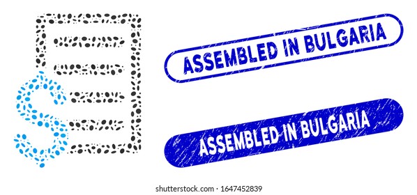 Mosaic business contract and corroded stamp seals with Assembled in Bulgaria phrase. Mosaic vector business contract is designed with random elliptic pieces.