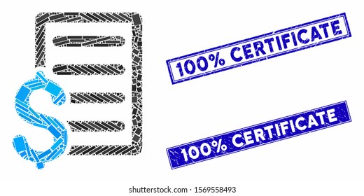 Mosaic business contract icon and rectangle stamps. Flat vector business contract mosaic icon of scattered rotated rectangular elements. Blue caption rubber stamps with rubber surface.