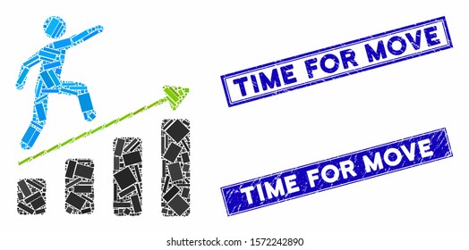 Mosaic business growth icon and rectangle Time for Move seal stamps. Flat vector business growth mosaic icon of random rotated rectangular elements. Blue Time for Move stamps with grunge textures.