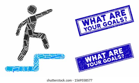 Mosaic business growth pictogram and rectangle watermarks. Flat vector business growth mosaic pictogram of random rotated rectangle elements. Blue caption watermarks with scratched textures.