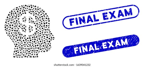 Mosaic business idea and grunge stamp watermarks with Final Exam caption. Mosaic vector business idea is designed with scattered oval items. Final Exam stamp seals use blue color,