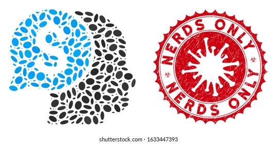 Mosaic business idea icon and red rounded rubber stamp seal with Nerds Only caption and coronavirus symbol. Mosaic vector is designed with business idea icon and with scattered elliptic items.