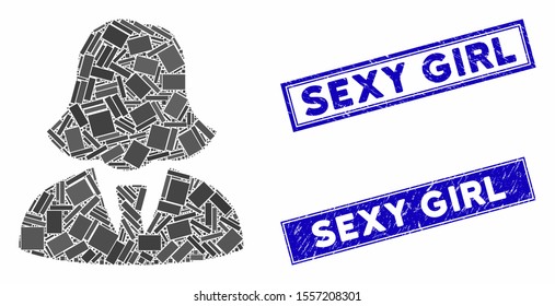 Mosaic business lady pictogram and rectangular rubber prints. Flat vector business lady mosaic pictogram of random rotated rectangular elements. Blue caption rubber seals with distress texture.