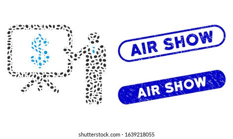 Mosaic business plan presentation and distressed stamp seals with Air Show caption. Mosaic vector business plan presentation is created with scattered ellipse spots.