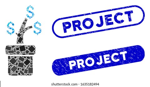 Mosaic business project plant and corroded stamp watermarks with Project caption. Mosaic vector business project plant is designed with randomized rectangle items. Project stamp seals use blue color,