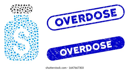 Mosaic Business Remedy And Grunge Stamp Seals With Overdose Phrase. Mosaic Vector Business Remedy Is Created With Scattered Oval Items. Overdose Stamp Seals Use Blue Color,