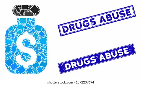 Mosaic Business Remedy Icon And Rectangular Drugs Abuse Seal Stamps. Flat Vector Business Remedy Mosaic Icon Of Random Rotated Rectangular Elements. Blue Drugs Abuse Seal Stamps With Rubber Surface.