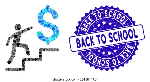 Mosaic business stairs icon and rubber stamp seal with Back to School caption. Mosaic vector is formed with business stairs pictogram and with random round elements.