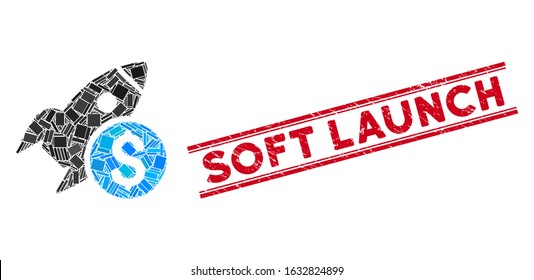Mosaic business startup rocket icon and red Soft Launch stamp between double parallel lines. Flat vector business startup rocket mosaic pictogram of randomized rotated rectangular elements.