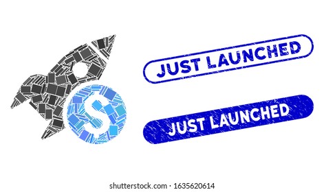 Mosaic business startup rocket and rubber stamp seals with Just Launched phrase. Mosaic vector business startup rocket is composed with randomized rectangle items. Just Launched seals use blue color,