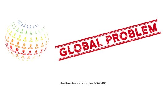 Mosaic businessman abstract sphere pictogram and red Global Problem seal stamp between double parallel lines.