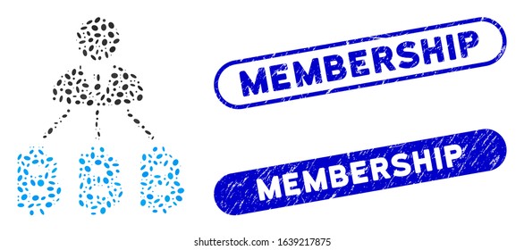 Mosaic businessman Bitcoin expences and distressed stamp seals with Membership text. Mosaic vector businessman Bitcoin expences is composed with scattered oval spots. Membership seals use blue color,