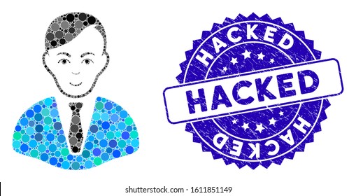 Mosaic businessman icon and grunge stamp watermark with Hacked text. Mosaic vector is formed from businessman icon and with randomized spheric elements. Hacked stamp uses blue color,