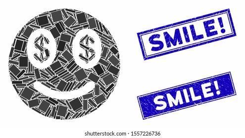 Mosaic businessman smile icon and rectangular rubber prints. Flat vector businessman smile mosaic pictogram of scattered rotated rectangular items. Blue caption rubber seals with corroded surface.