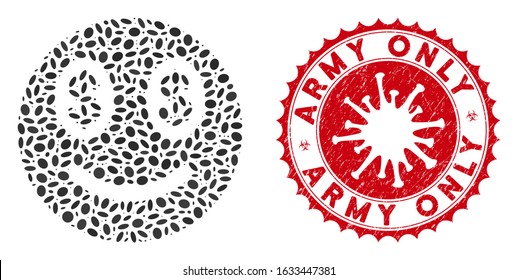 Mosaic businessman smile icon and red rounded rubber stamp seal with Army Only caption and coronavirus symbol. Mosaic vector is composed with businessman smile icon and with random ellipse elements.