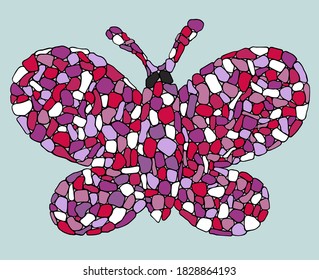 Mosaic butterfly. Ceramic trencadis broken tiles. Butterfly icon mosaic stylized. Colorful buttrfly silhouette. Color stone texture. Hand drawn ink, line art, vector illustratiion. Mosaic pieces.