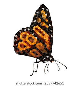 Mosaic with a butterfly image made up of multicolored triangles. A vector butterfly with a geometric black and orange pattern on an isolated white background.