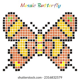 Mosaic butterfly vector illustration isolated. Decorative butterfly made in mosaic style. Worksheet for kids.
