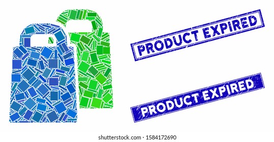 Mosaic buy pictogram and rectangular Product Expired seal stamps. Flat vector buy mosaic icon of randomized rotated rectangular items. Blue Product Expired rubber stamps with grunge texture.