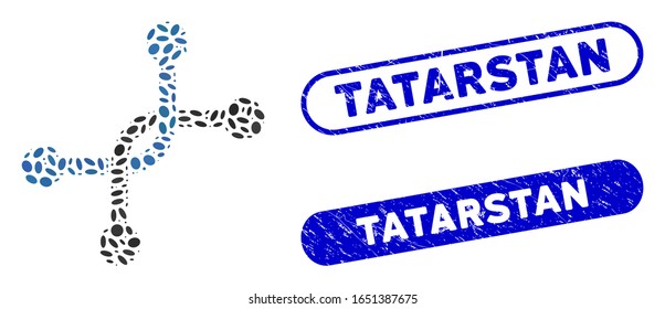 Mosaic bypass connection and corroded stamp watermarks with Tatarstan text. Mosaic vector bypass connection is formed with random elliptic items. Tatarstan stamp seals use blue color,