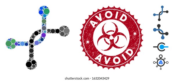 Mosaic bypass connection icon and distressed stamp watermark with Avoid phrase and biohazard symbol. Mosaic vector is formed with bypass connection icon and with random circle items.