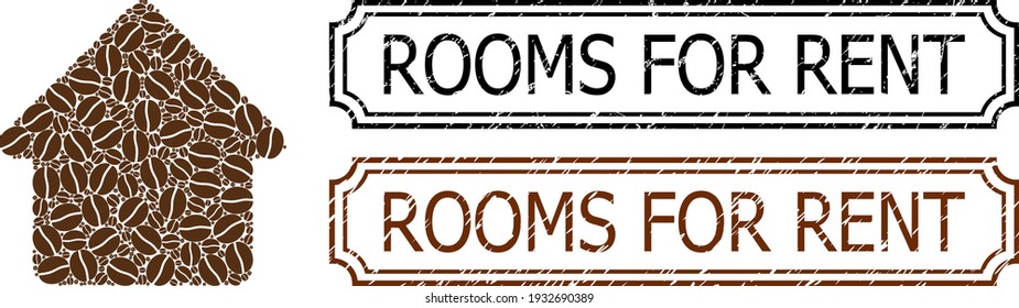 Mosaic cabin designed from cocoa seeds, and grunge Rooms for Rent rectangle seals with notches. Vector coffee items are grouped into abstract collage cabin icon with brown color.