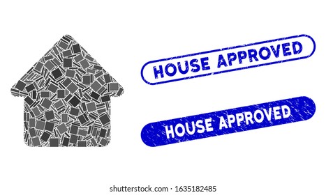 Mosaic cabin and grunge stamp seals with House Approved text. Mosaic vector cabin is composed with randomized rectangle items. House Approved stamp seals use blue color,