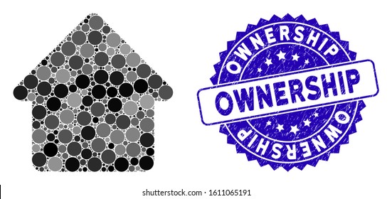 Mosaic cabin icon and corroded stamp watermark with Ownership text. Mosaic vector is composed with cabin icon and with scattered spheric items. Ownership stamp seal uses blue color,