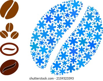 Icono de frijol de cacao mosaico está construido para invierno, Año Nuevo, Navidad. El mosaico del icono del frijol de Cacao está creado de nieve azul claro. Se añaden algunos iconos adicionales.