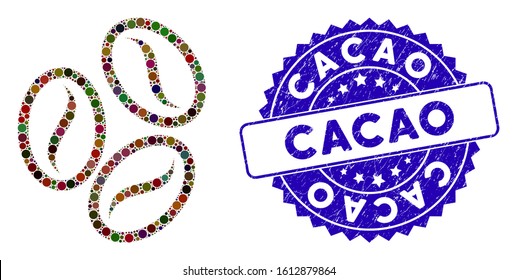 Mosaic cacao beans icon and grunge stamp seal with Cacao phrase. Mosaic vector is created with cacao beans icon and with random circle items. Cacao stamp uses blue color, and distress texture.