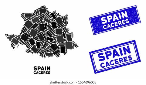 Mosaic Caceres Province map and rectangular seal stamps. Flat vector Caceres Province map mosaic of random rotated rectangular elements. Blue caption rubber stamps with grunged texture.