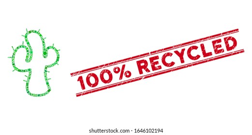 Mosaic cacti icon and red 100 Percent Recycled seal between double parallel lines. Flat vector cacti mosaic icon of randomized rotated rectangle elements. Red 100 Percent Recycled seal stamp with