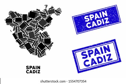 Mosaic Cadiz Province map and rectangle seal stamps. Flat vector Cadiz Province map mosaic of random rotated rectangle items. Blue caption seal stamps with dirty texture.