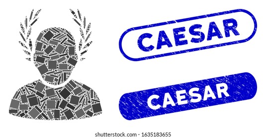 Mosaic caesar and distressed stamp seals with Caesar phrase. Mosaic vector caesar is designed with random rectangle items. Caesar stamp seals use blue color, and have round rectangle shape.